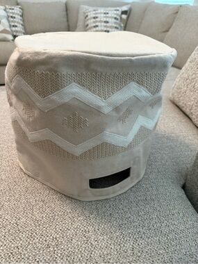 Crane baby Cream Textured Pouf Ottoman with Geometric Embroidery